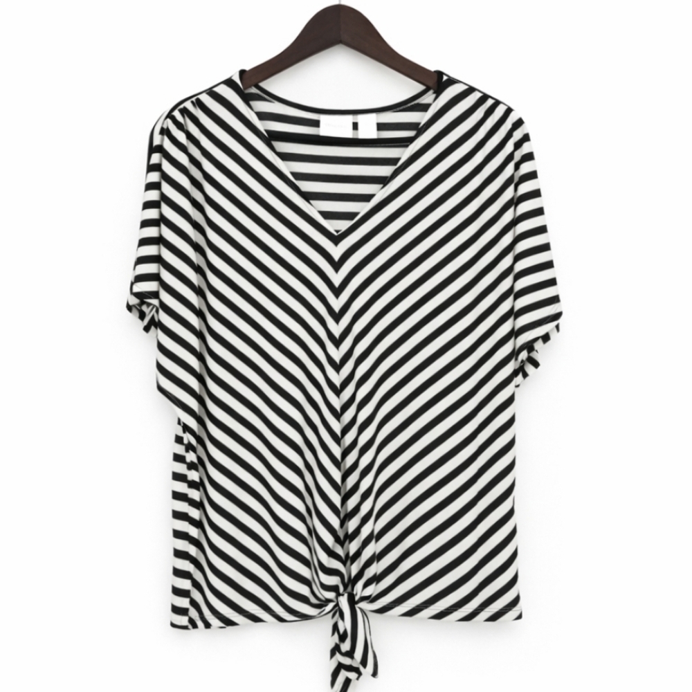 Chicos Black White Chevron Pattern Vneck Blouse Sz 3 (XL)